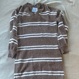 Women’s Brown and White Stripe V-Neck Sweater Dress